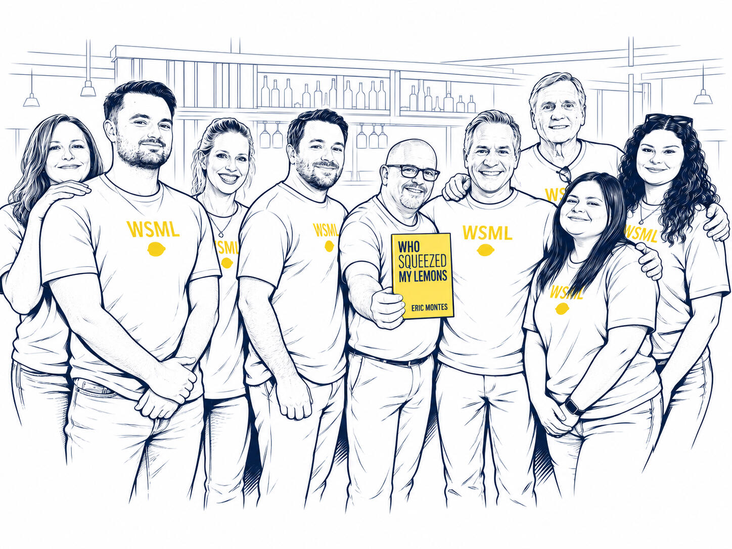 Illustration of a group wearing WSML shirts, with one person holding Who Squeezed My Lemons